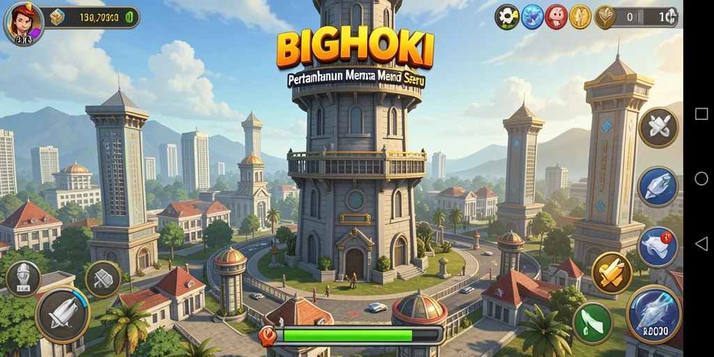 Tangkapan layar gameplay BIGHOKI menampilkan pertempuran menara yang mendebarkan.