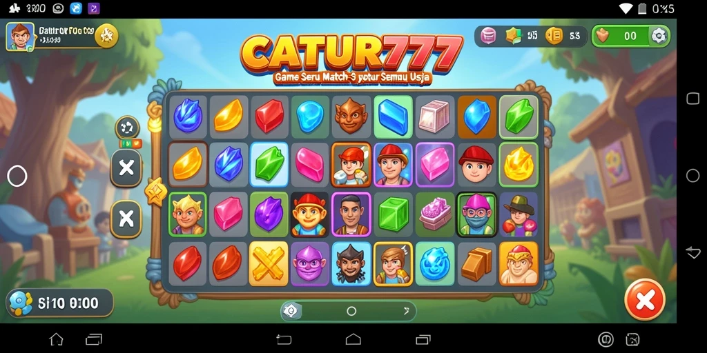 Tampilan gameplay CATUR777 dengan suasana Match-3 yang penuh warna.