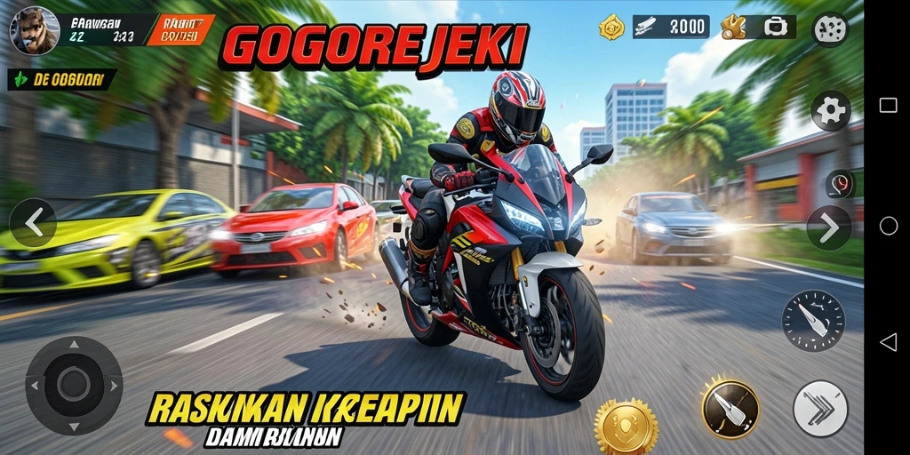 Screenshot gameplay GOGOREJEKI menampilkan aksi balapan motor yang seru dan cepat.