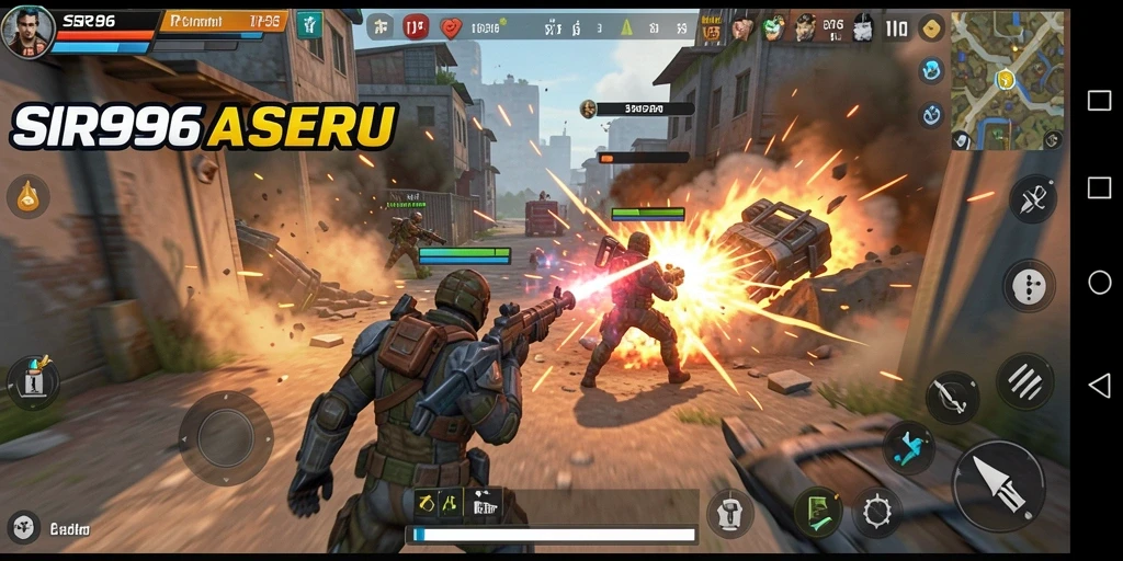 Tampilan seru gameplay SR996 dalam aksi tembak-menembak.